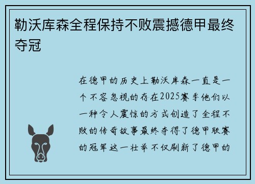 勒沃库森全程保持不败震撼德甲最终夺冠