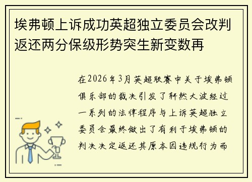 埃弗顿上诉成功英超独立委员会改判返还两分保级形势突生新变数再 埃弗顿上诉成功英超独立委员会改判返还两分保级形势突生新变数再